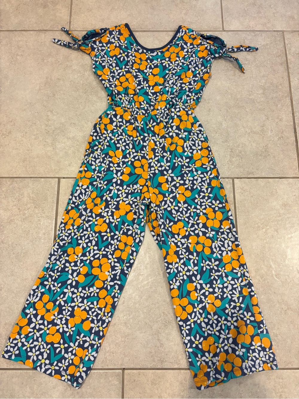 Kids Floral Tie-Sleeve One-Piece Jumpsuit in Navy and Yellow